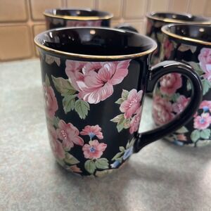 Vintage Otagiri Floral Garden Tavistock Mugs Made in Japan Black Floral Set of 4